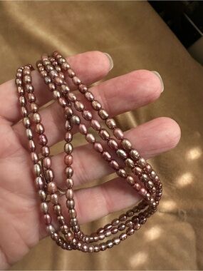 Pink Freshwater Pearl Beaded three strand 925 silver vintage Necklace